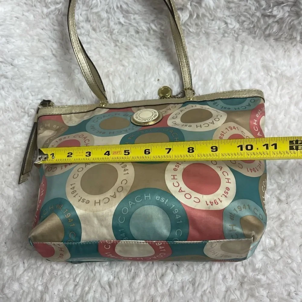 Coach satin scarf print 1941 beige ,khaki,peach & mint green color small tote. - Picture 14 of 16